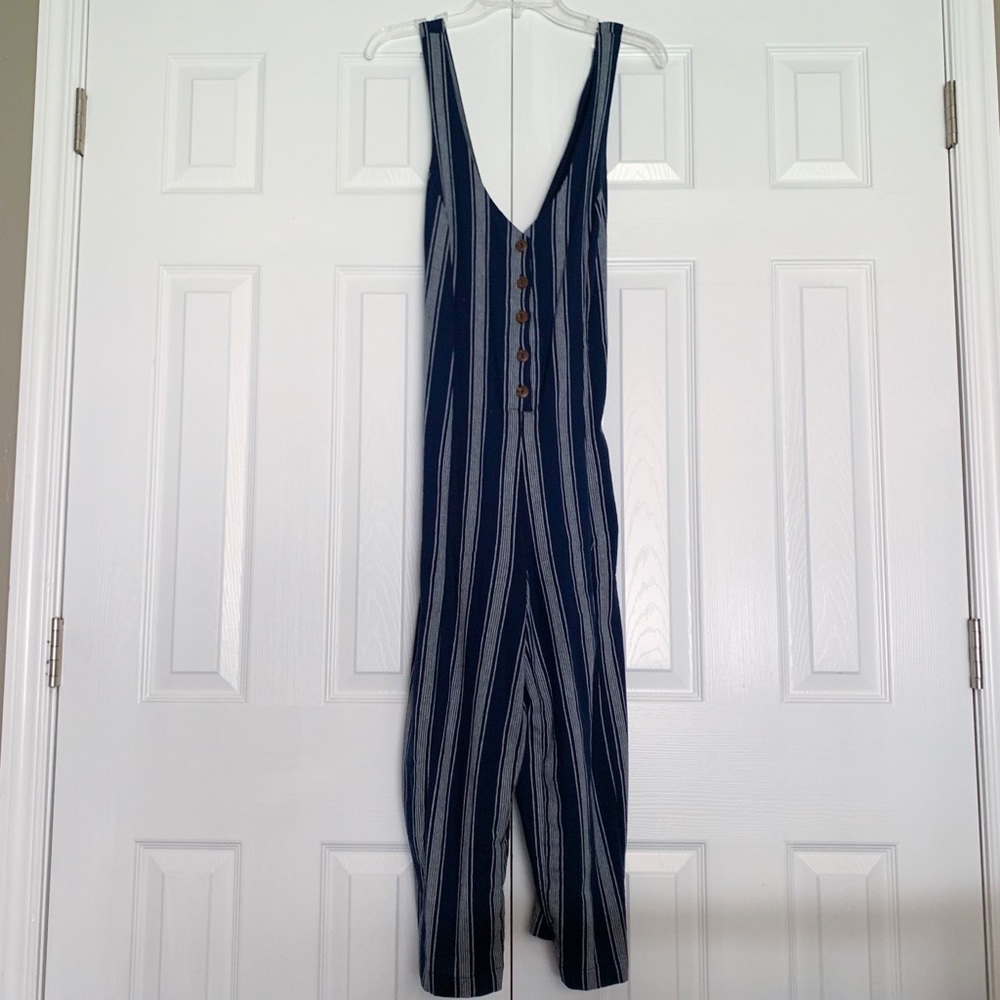 Forever 21 Navy Blue Striped Crossback Jumpsuit